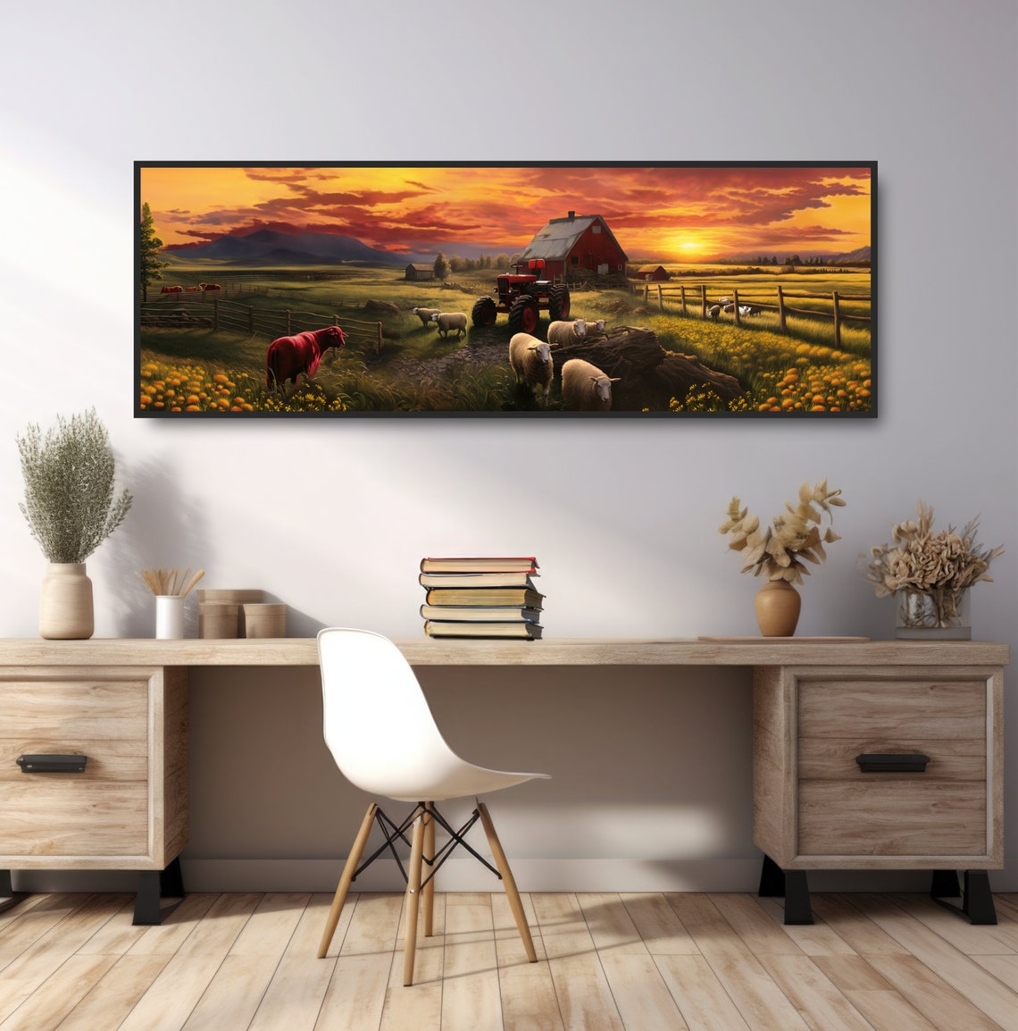Sheep Farm at Sunset Red Barn Tractor Panoramic Countryside Wall Art - Image 3
