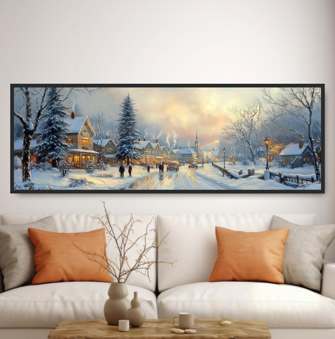 Vintage Winter Town Snowy Street Glowing Shops Dusk Travel Poster