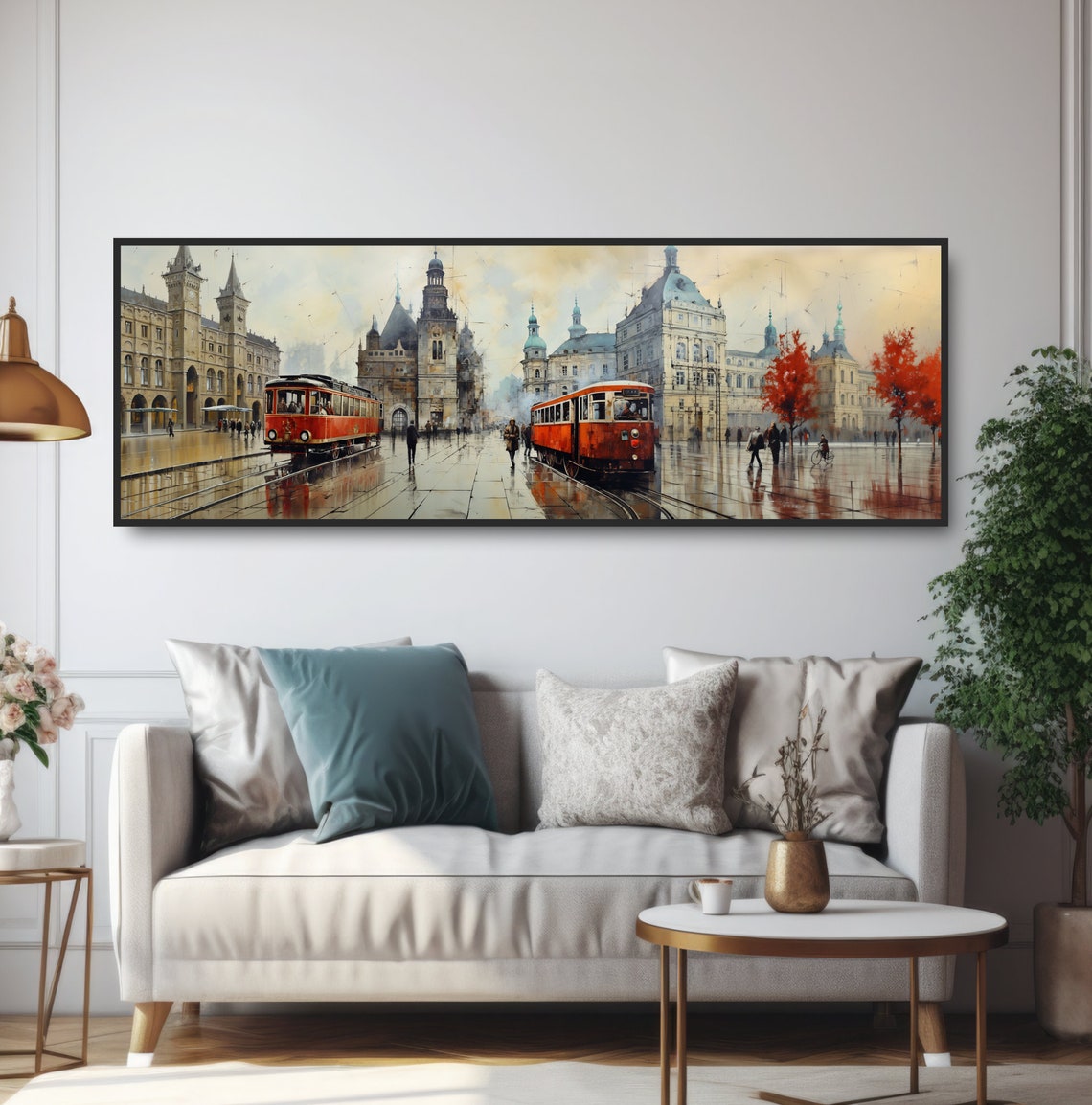 European Old Town Square Red Trams Rainy Day Cityscape Poster - Image 5