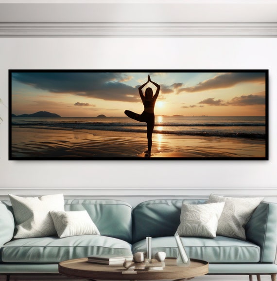 Vrksasana Tree Yoga Pose Beach Photo Golden Sunrise Silhouette Woman Calm Zen Beautiful Panoramic Ocean Landscape Art Morning Exercise