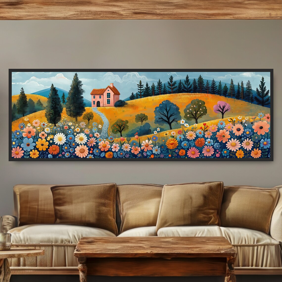 Whimsical Pink House on Hill Colorful Folk Art Floral Meadow Poster