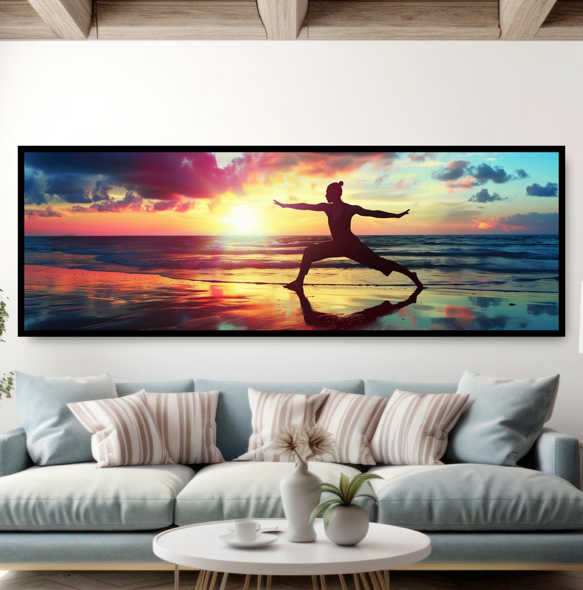 Beach Yoga Panoramic Sunrise Photograph Silhouette Warrior Pose Photo Zen Calm Ocean Sea Inspirational Fitness Art Sports Wall Decor