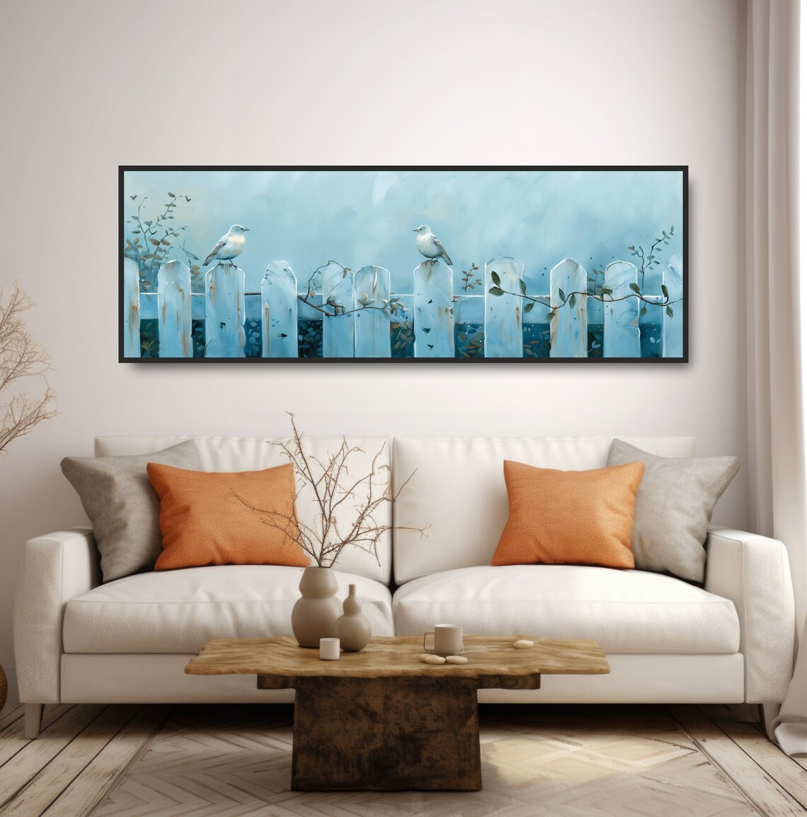 Two White Songbirds on Weathered Blue Picket Fence Watercolor Poster - Image 5