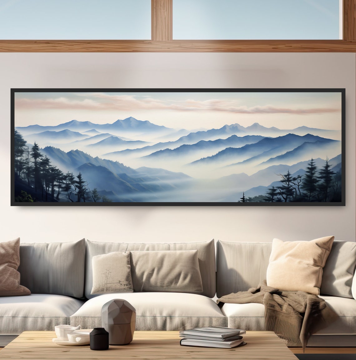 Misty Blue Mountain Layers Panoramic Watercolor Landscape Poster