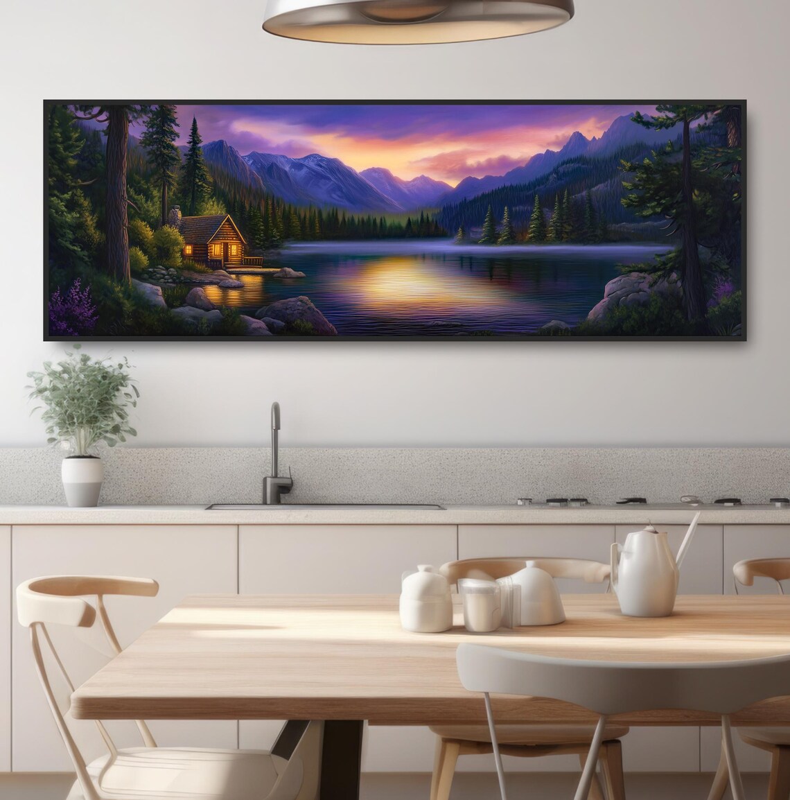 Blue Mountains Log Cabin Lake Sunset Art Print - Image 3