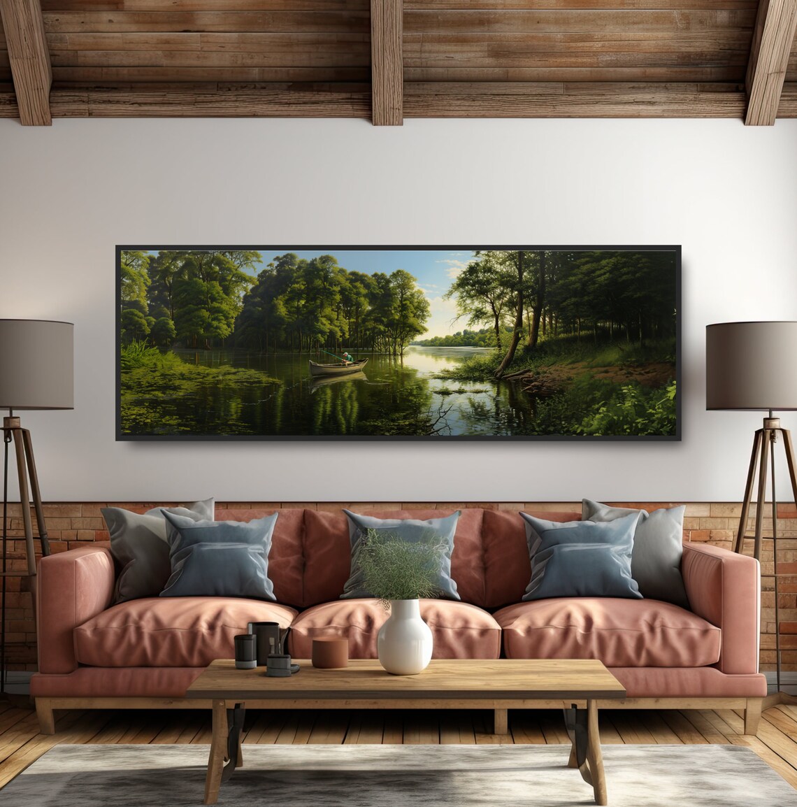 Gift For Fisherman Lake Fishing In A Canoe Panoramic Landscape Oil Painting Dark Green Lakehouse Decor Boat Tranquil Pond Calm River - Image 5