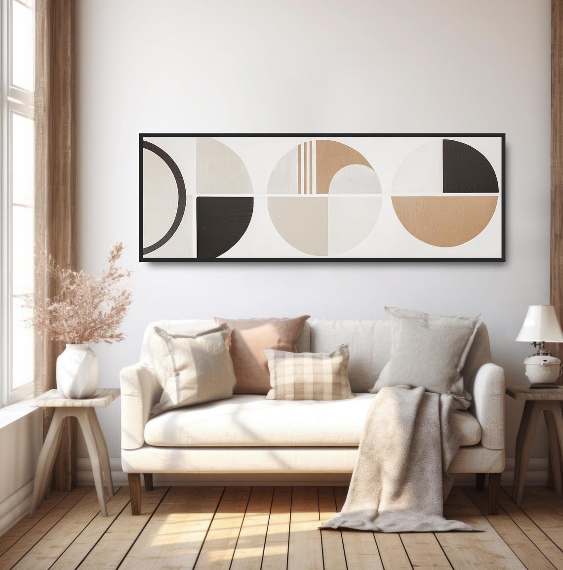 Neutral Abstract Wall Art Geometric Boho Decor Panoramic Beige Black White Painting Minimalist Contemporary Circles Mcm Artwork - Image 5