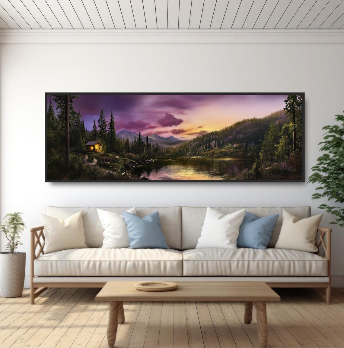 Rustic Lake Cabin Painting Print Cozy Lakeside Mountain Sunset Wall Art Purple Gold Sky Artwork Tranquil Landscape Decor Panoramic - Image 5