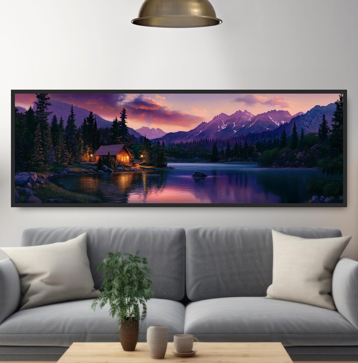 Lakeside Cabin Sunset, Mountain Lodge Wall Art Print