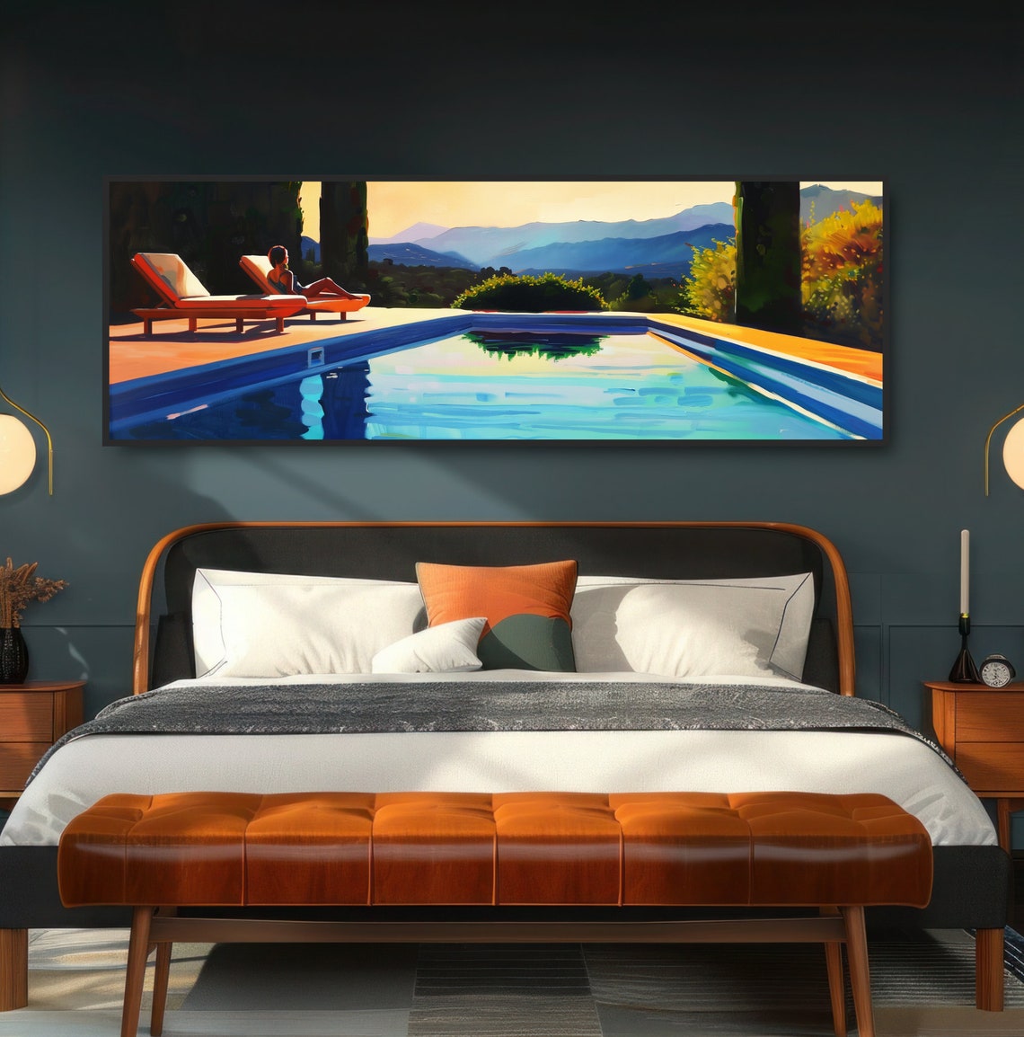 Swimming Pool Oil Painting Bathing Suit Woman In Lounge Chair Midcentury Modern Decor Sunset Blue Mountains Orange Yellow Golden Sunrise - Image 4