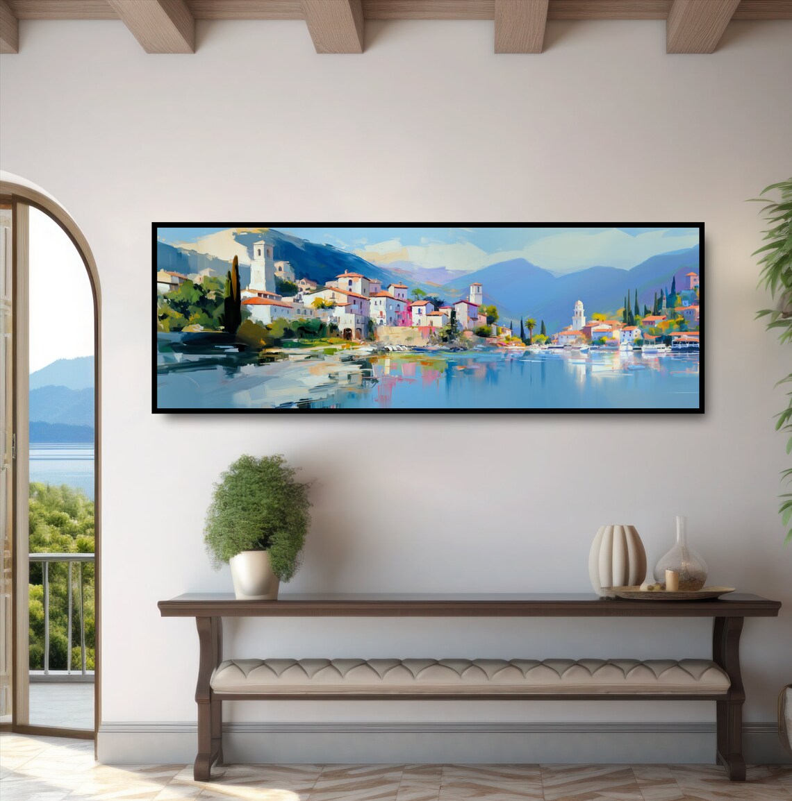 Italian Seaside Village, Mediterranean Oil Painting Print - Image 3