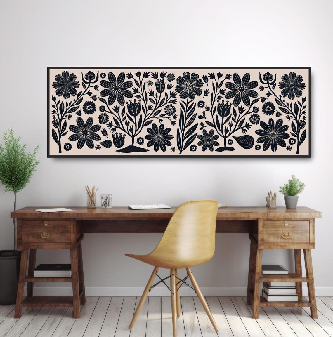 Black Beige Botanical Floral Pattern Minimalist Folk Home Decor Print - Image 2