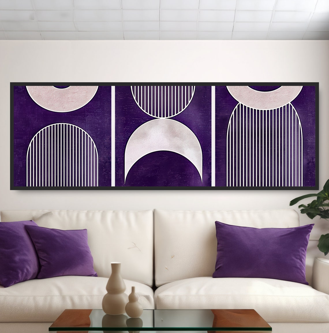 Purple Geometric Modern Art Silver Circles Arches Stripes Wall Poster