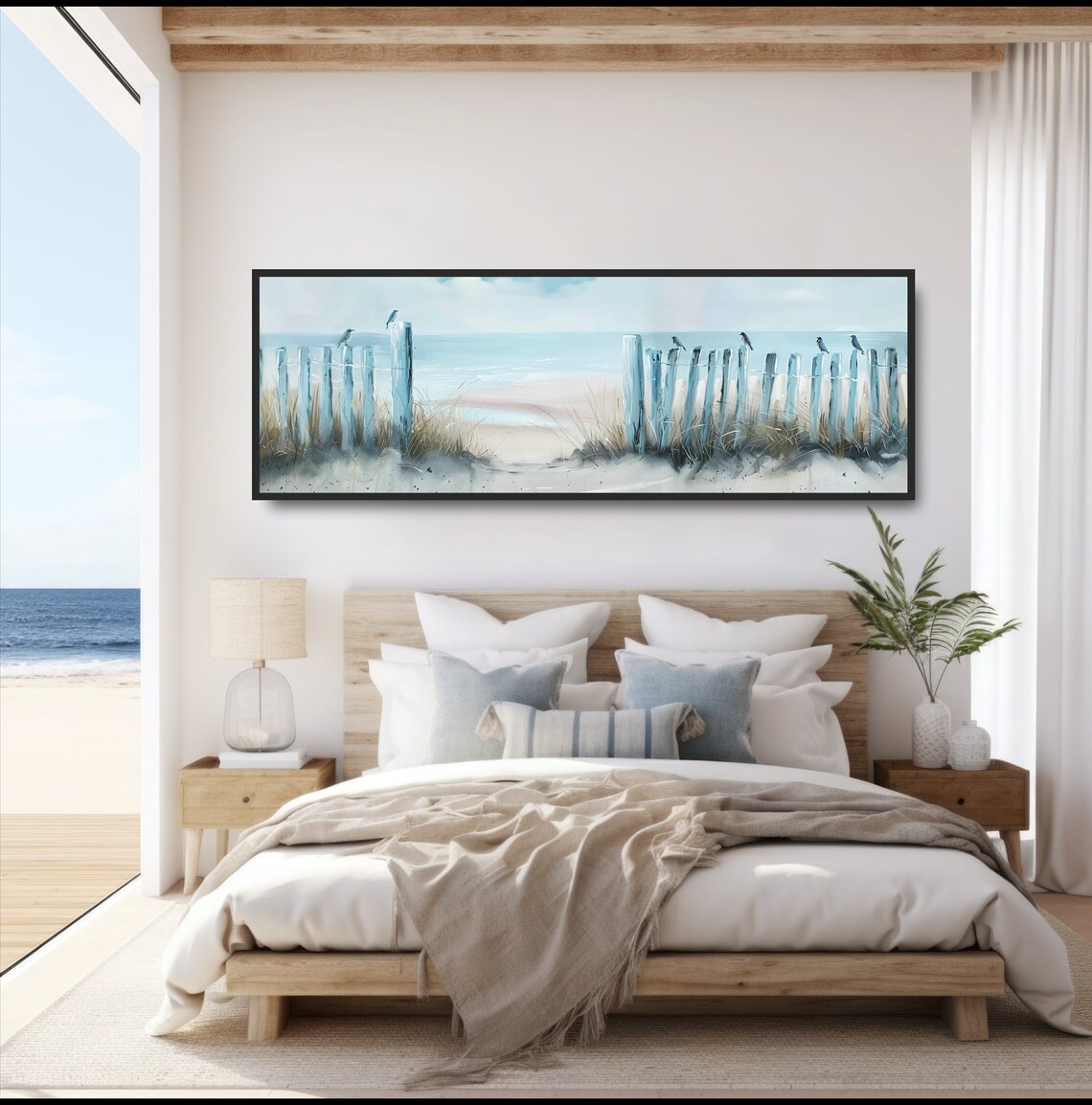 Seagulls on Beach Fence Watercolor Panoramic Coastal Dunes Wall Art - Image 4