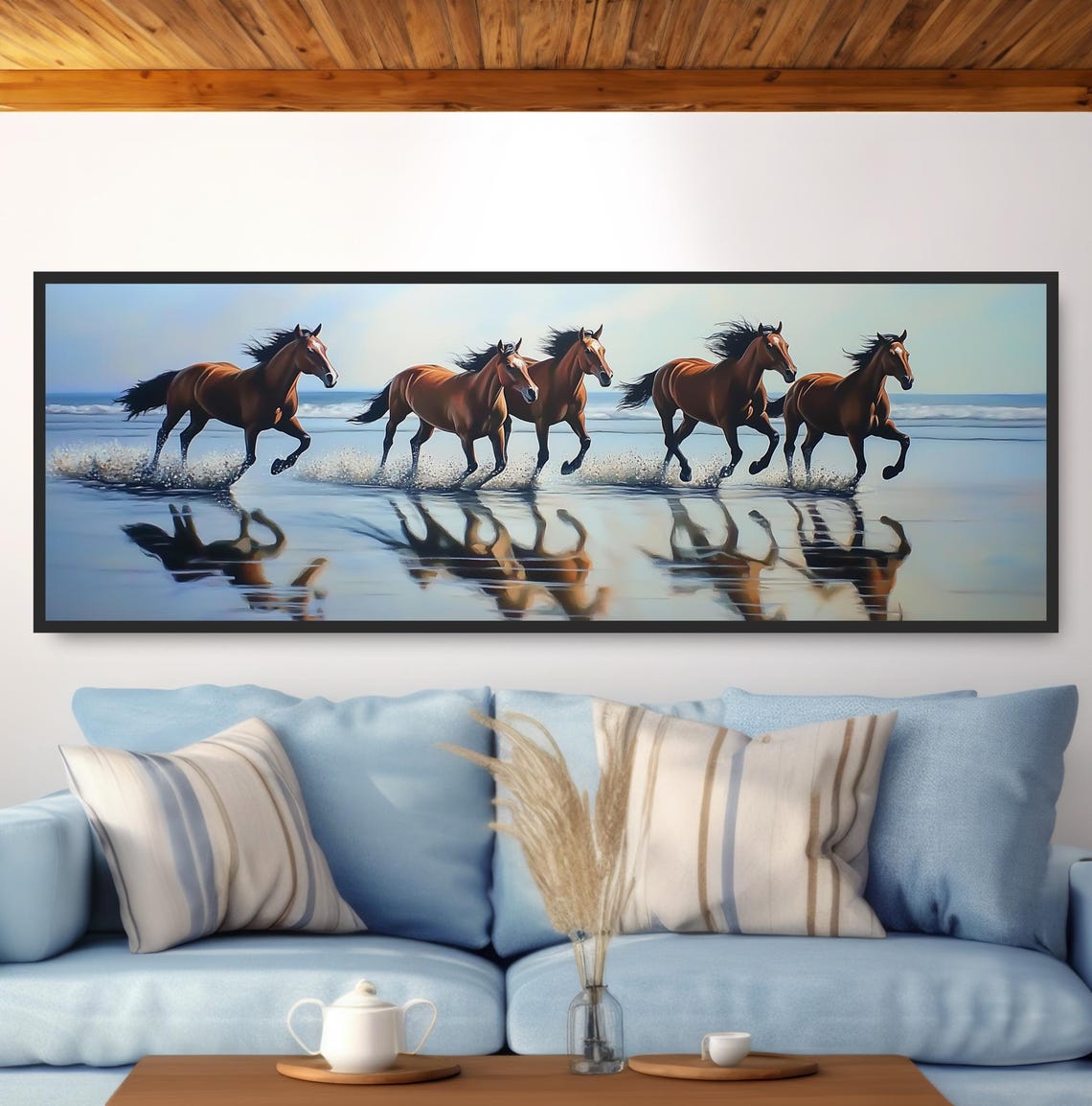 Five Chestnut Horses Running Shoreline Waves Splash Equine Print