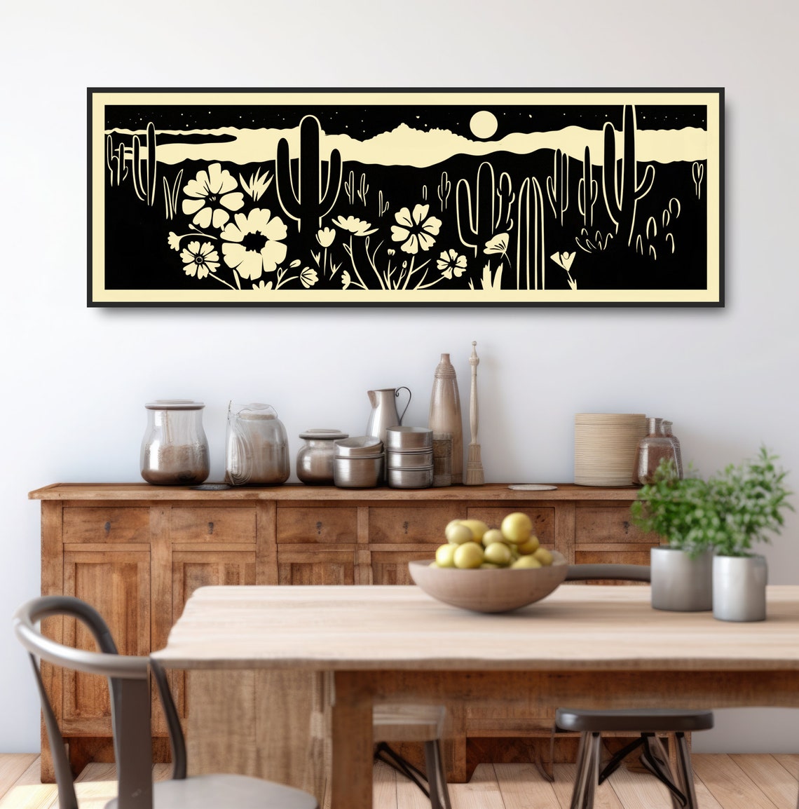 Desert Night Wildflowers Saguaro Cactus Moon Woodcut Style Poster - Image 3