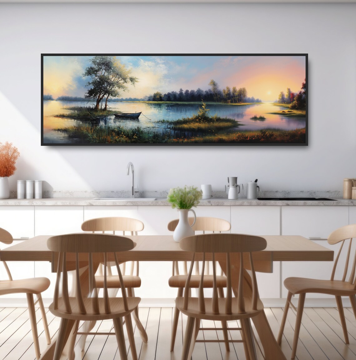 Serene Lake Sunset Rowboat Painting Pastel Sky Tranquil Wall Poster - Image 4