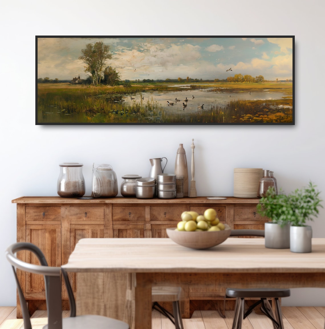 Duck Pond Panoramic Oil Painting Art Print, Rustic - Image 3