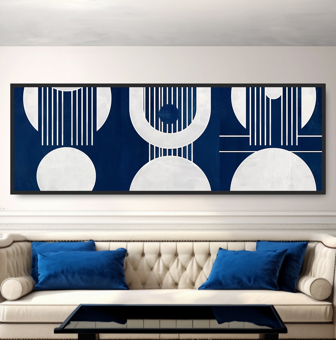 Geometric Shapes Abstract Painting Navy Blue White Monochromatic Minimalist Midcentury Modern Art Panoramic Elegant Circles Art Deco Decor