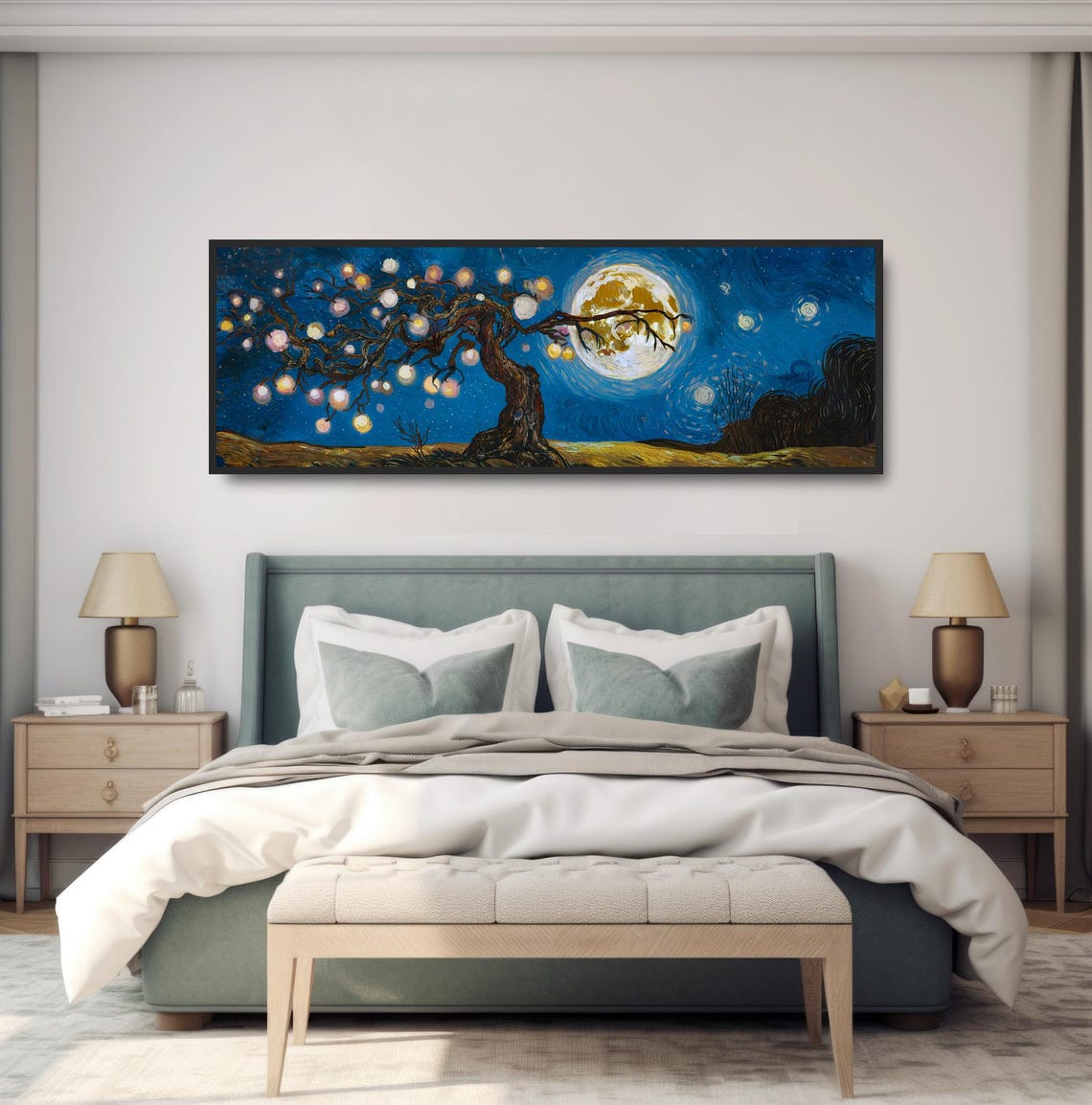 Starry Night Twisted Tree Painting Glowing Moon Dreamy Blue Print - Image 4