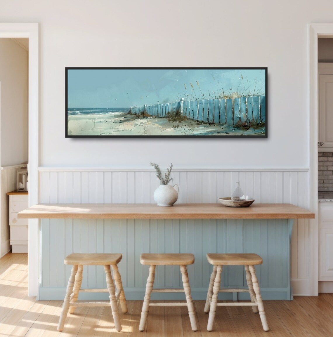 Coastal Beach Fence Watercolor Seascape Panoramic Ocean Dunes Poster - Image 3