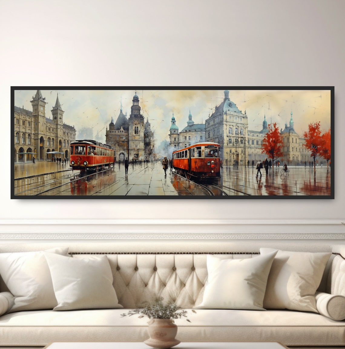 European Old Town Square Red Trams Rainy Day Cityscape Poster