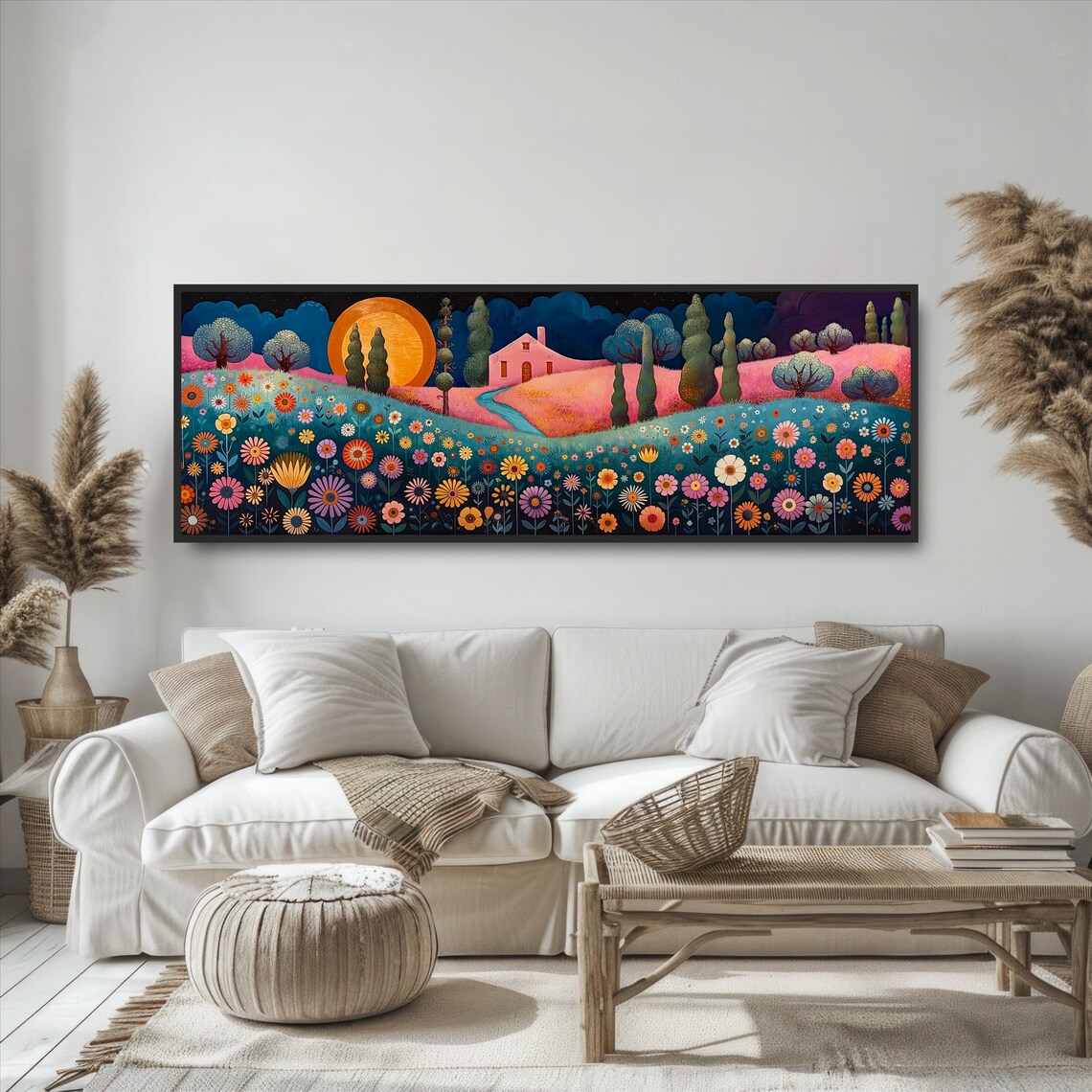 Whimsical Full Moon Night Cottage Folk Art Panoramic Flower Field Print - Image 5
