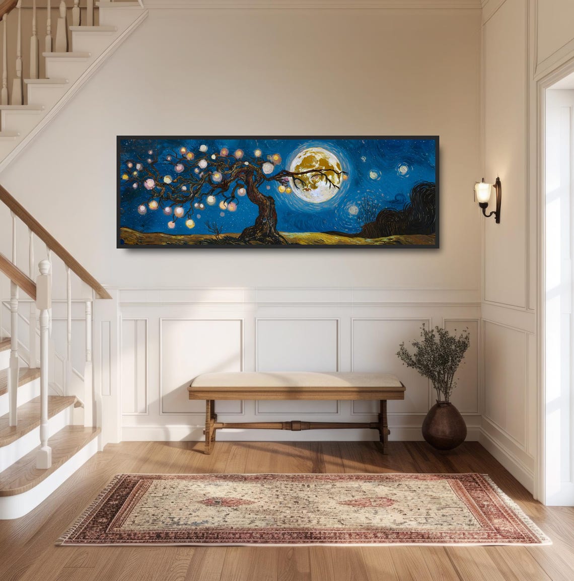 Starry Night Twisted Tree Painting Glowing Moon Dreamy Blue Print - Image 2