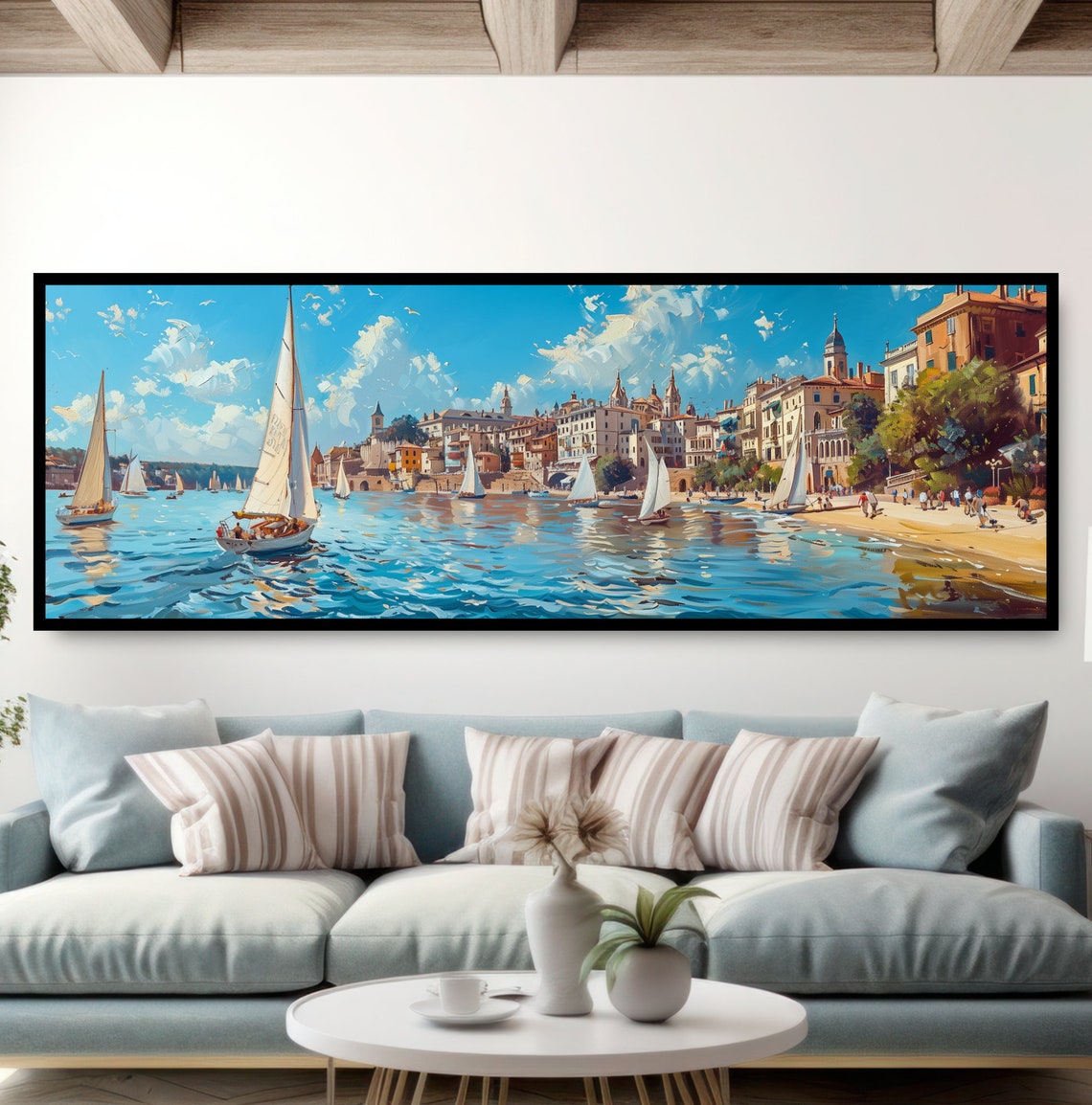 Mediterranean Coastal Harbor Sailboats Sunny Seaside Town Art Poster