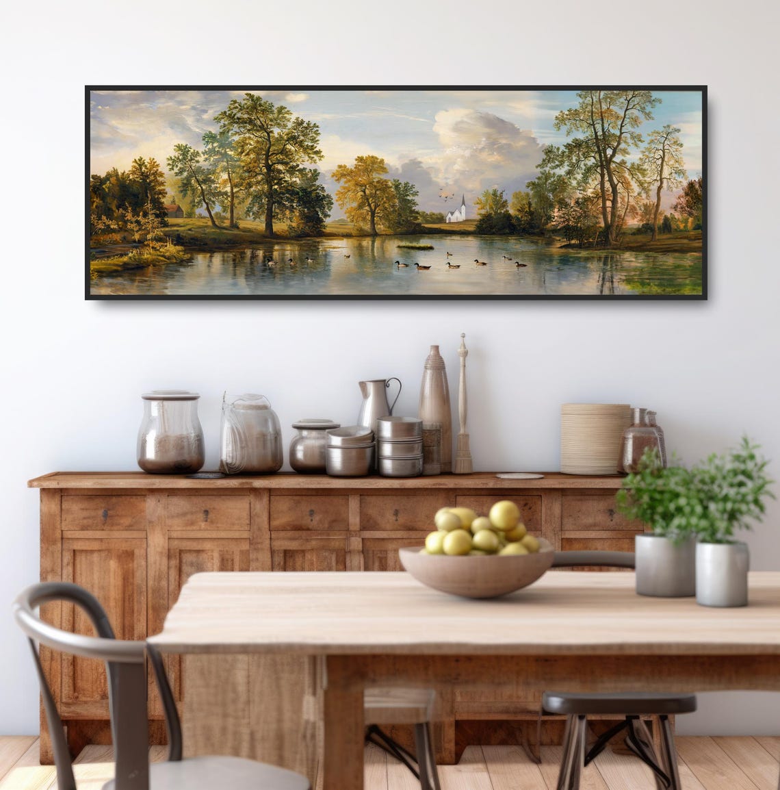 Church Pond Ducks Autumn Countryside Panoramic Peaceful Nature Poster - Image 3
