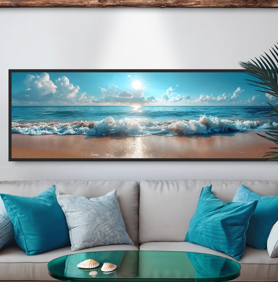 Beach Shoreline Sun Reflections Photograph Tropical Coastal Decor Blue Sky Waves Sand Clouds Shoreline Wall Art Panoramic Beachscape Photo