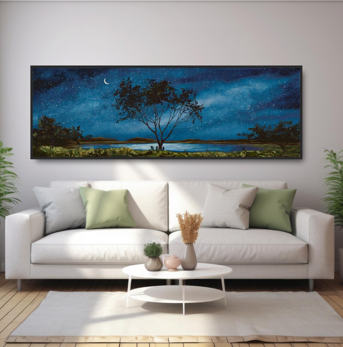 Crescent Moon Starry Night Lake Lone Tree Calm Nature Wall Art - Image 5