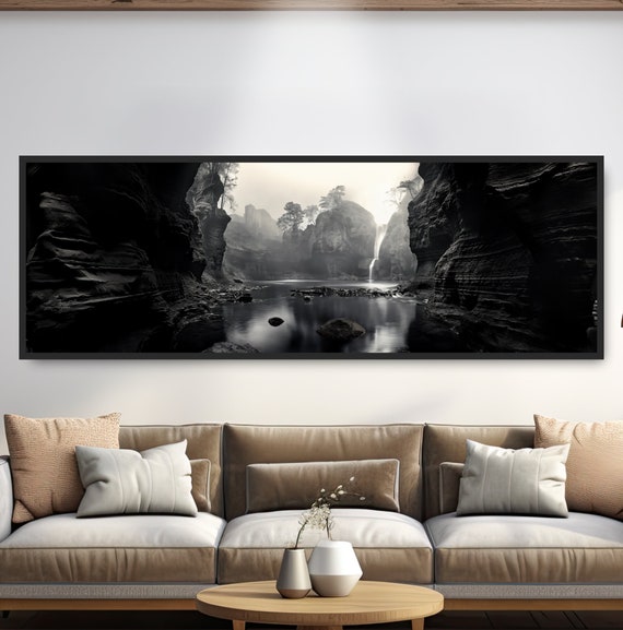 Dramatic Canyon Waterfall Black White Photograph Bold High Contrast Panoramic Landscape Wall Art National Park Nature Poster Or Canvas