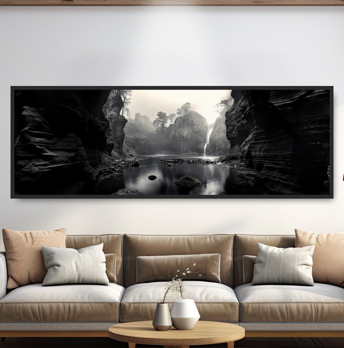 Dramatic Canyon Waterfall Black White Photograph Bold High Contrast Panoramic Landscape Wall Art National Park Nature Poster Or Canvas