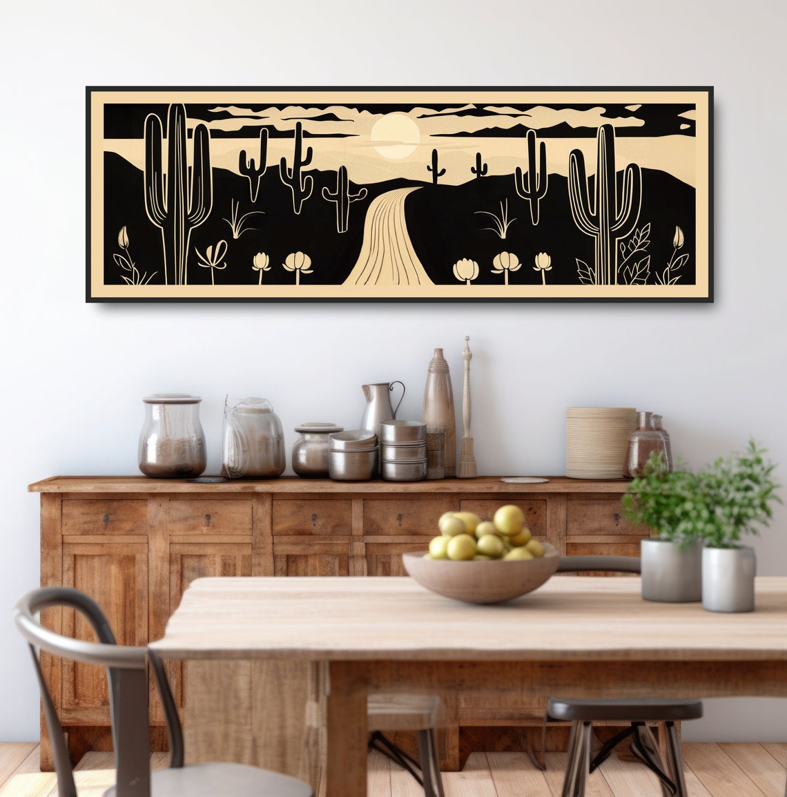Winding Desert Road Saguaro Cactus Monochrome Woodcut Style Poster - Image 3