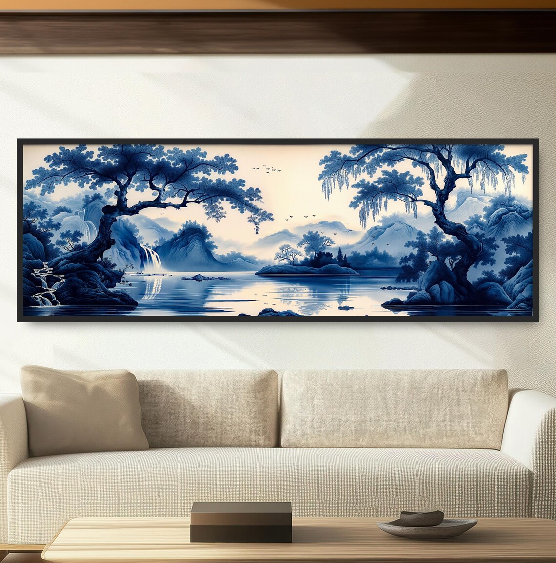 Asian Blue Waterfall Lake Painting Chinoiserie Misty Morning Print