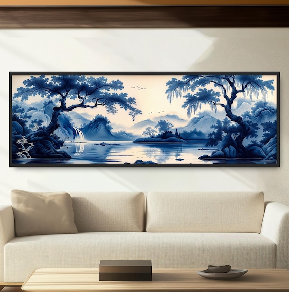 Asian Waterfall Willow Tree Painting Print Chinese Panoramic Wall Art Monochrome Blue Chinoiserie Tranquil Lake Nature Toile Artwork