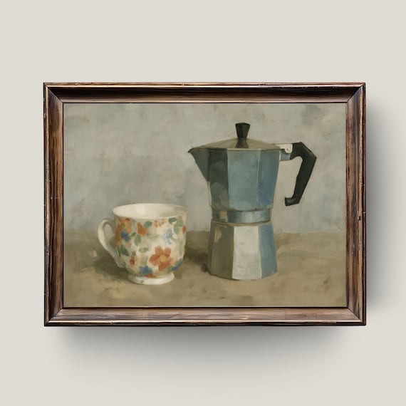 Moka Pot and Floral Cup Rustic Kitchen Still Life Oil Painting Print