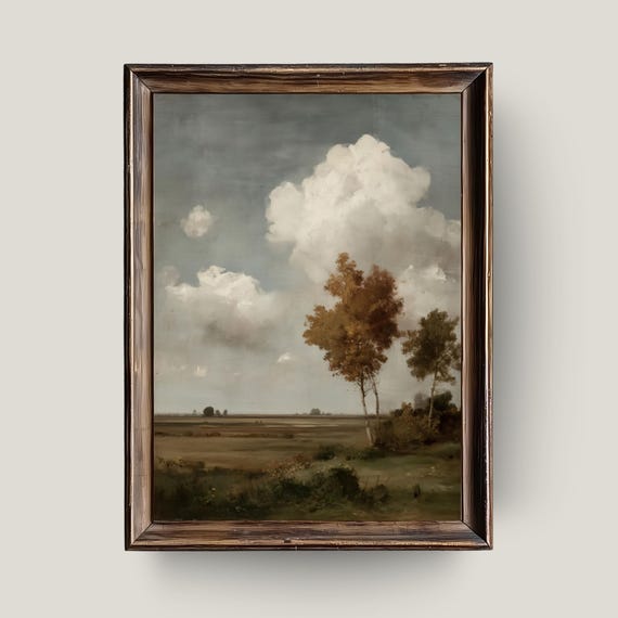 Autumn Cloudscape Painting Neutral Rustic Wall Art Countryside Landscape Print Cozy Farmhouse Decor