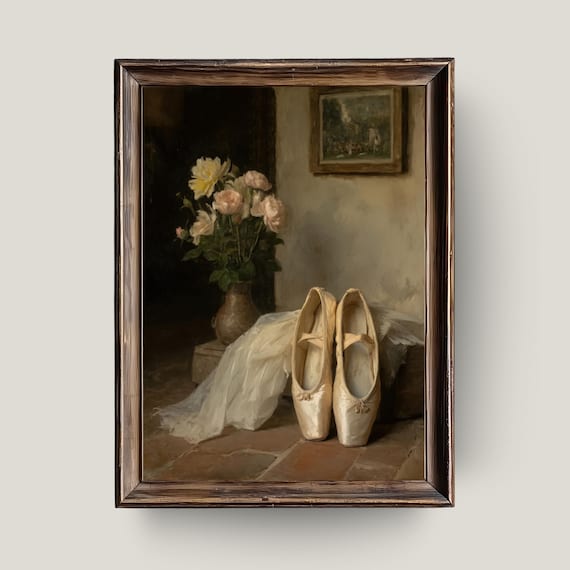 Ballet Shoes Still Life Print Vintage Ballerina Wall Art With Flowers