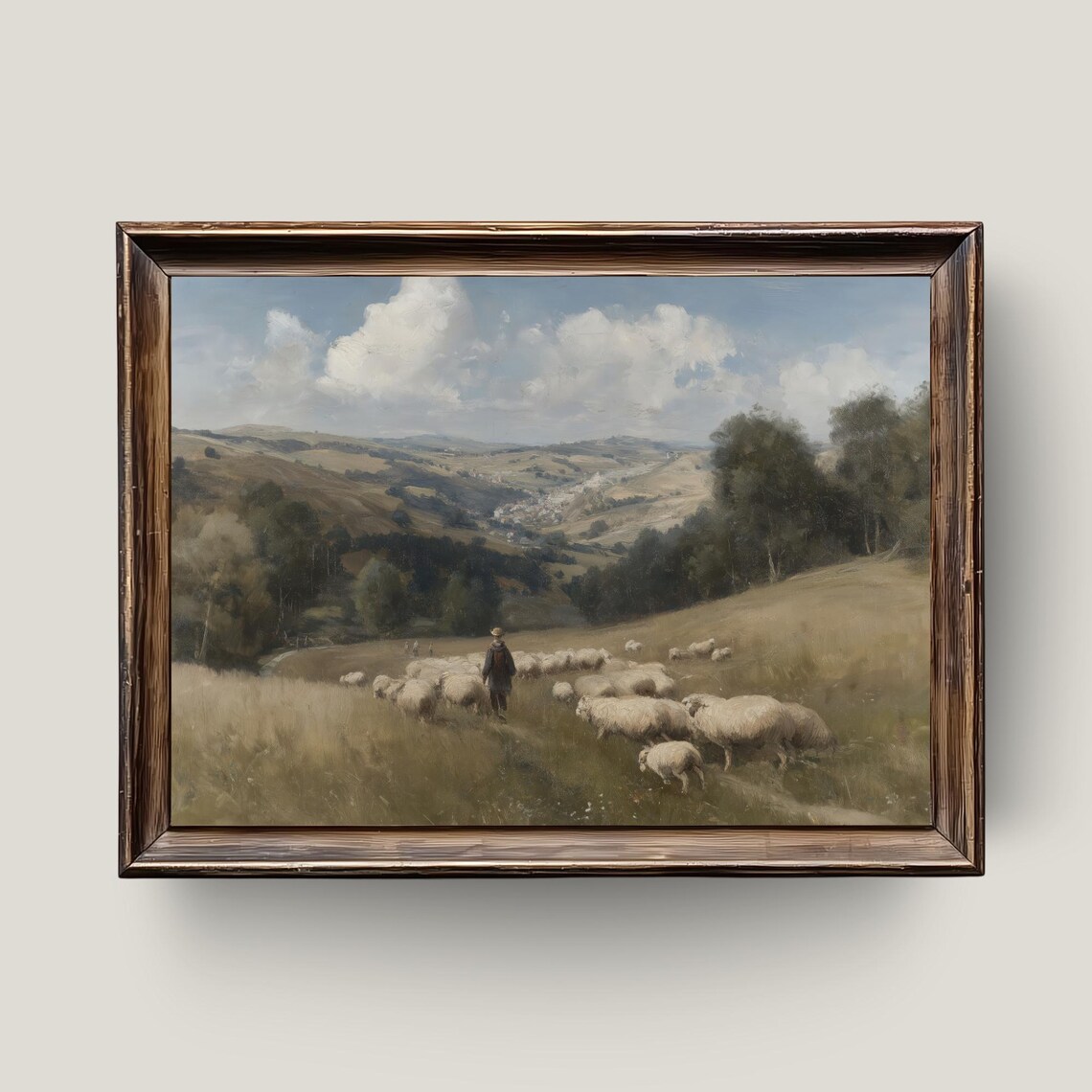 Shepherd Leading Sheep Through Rolling Hills Vintage Oil Painting Poster