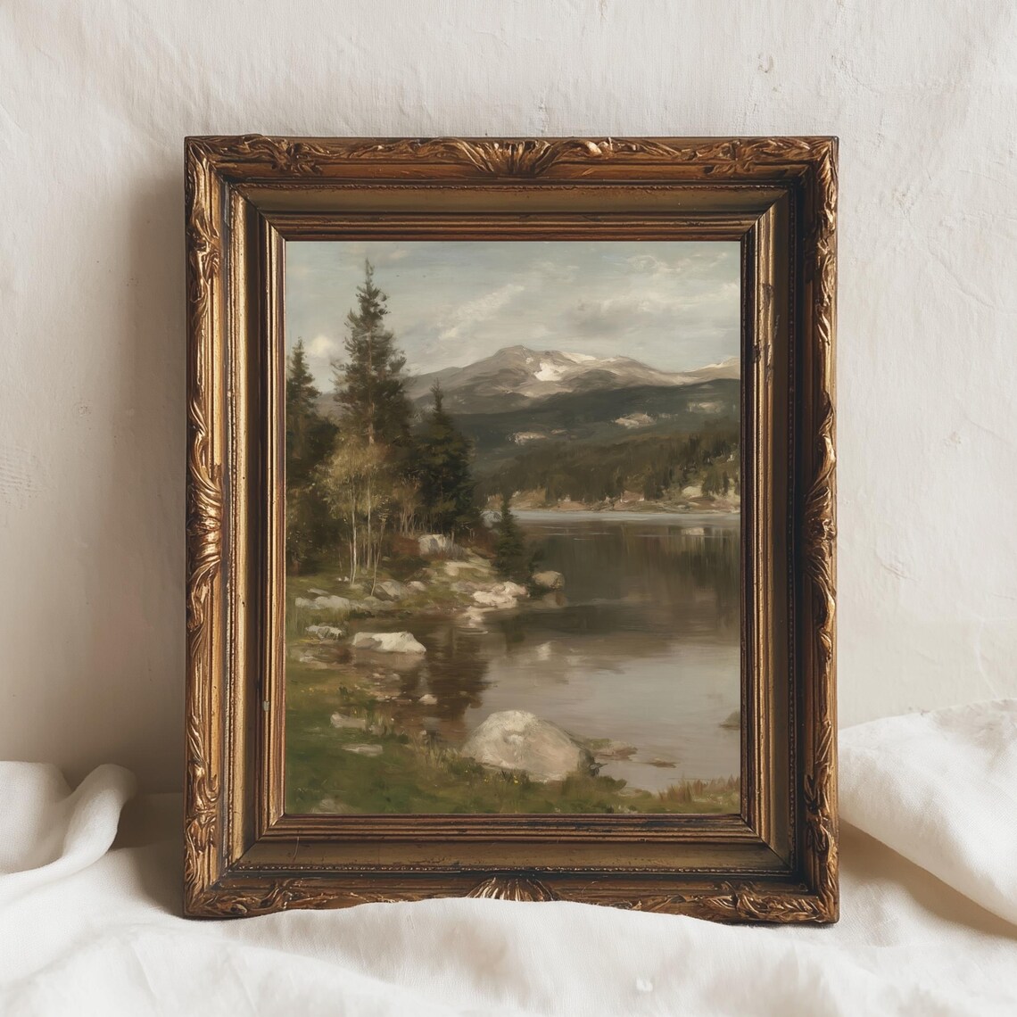 Mountain Lake Reflection Vintage Oil Painting Pine Forest Peaks Poster