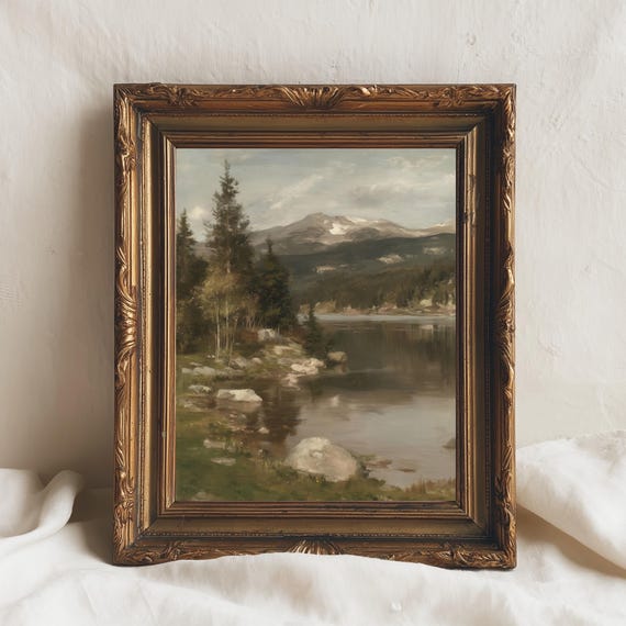 Mountain Lake Reflection Vintage Landscape Oil Painting Rustic Nature Wall Art Tranquil Cabin Decor