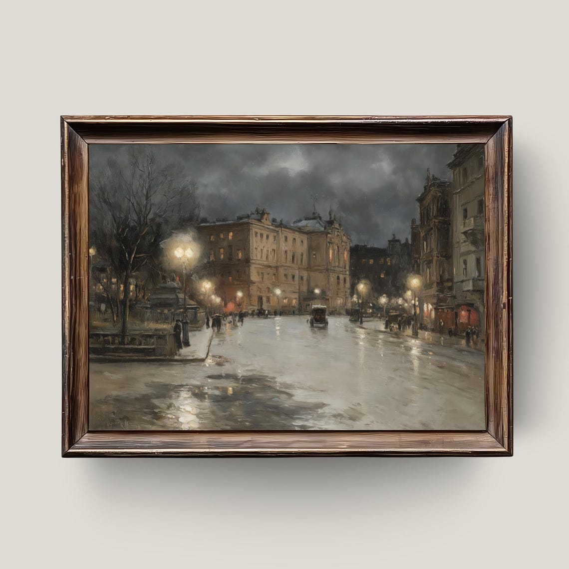 Vintage Rainy Night European City Square Gas Lamp Reflections Poster
