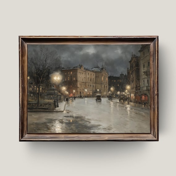 Vintage Rainy Night Cityscape Art Moody European Street