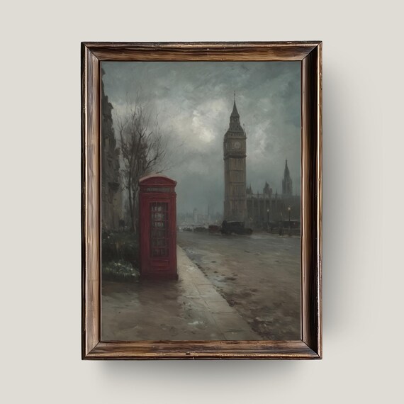 London Big Ben Print Vintage Cityscape Wall Art With Red Phone Booth