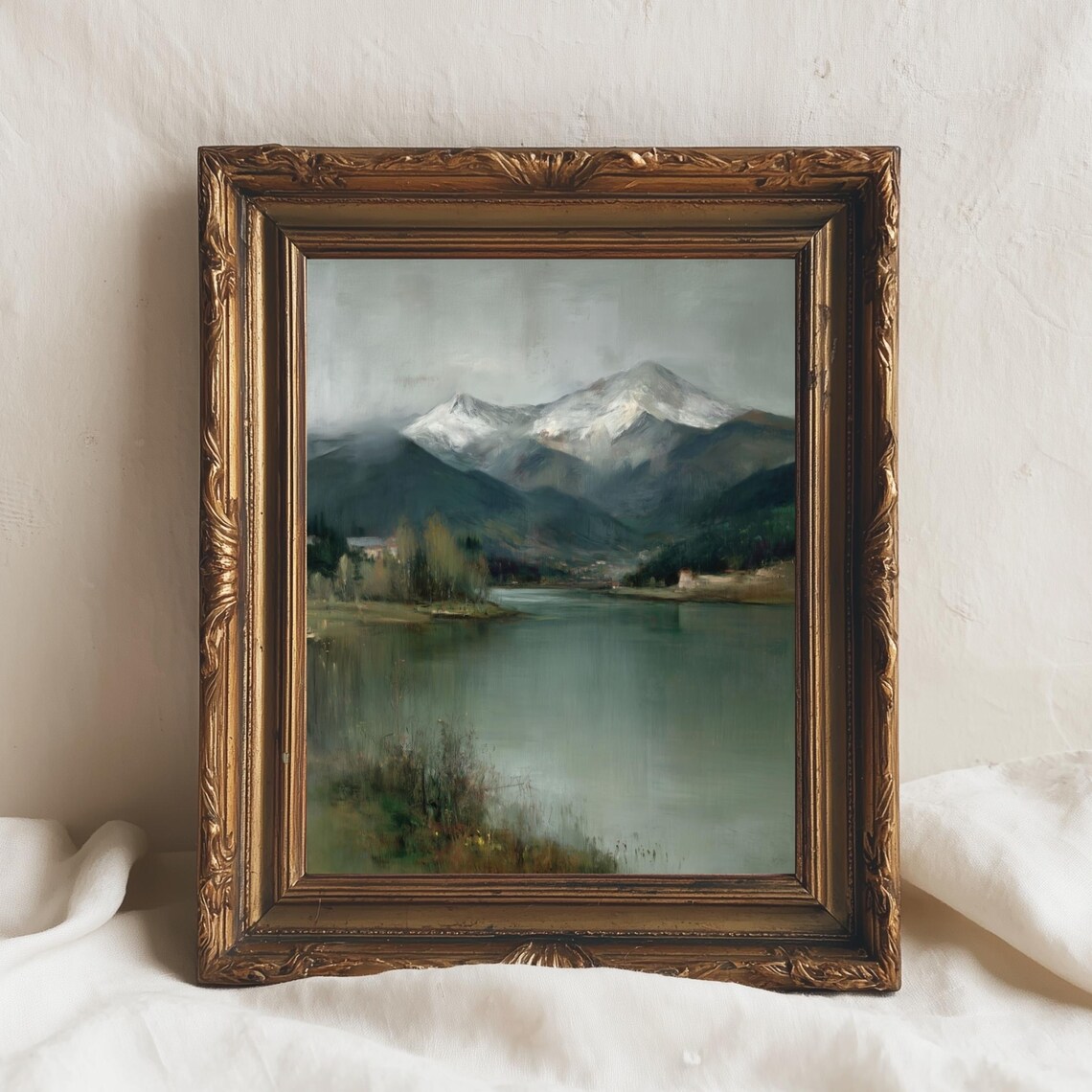Snowy Mountain Lake Painting Calm Forest Water Landscape Print