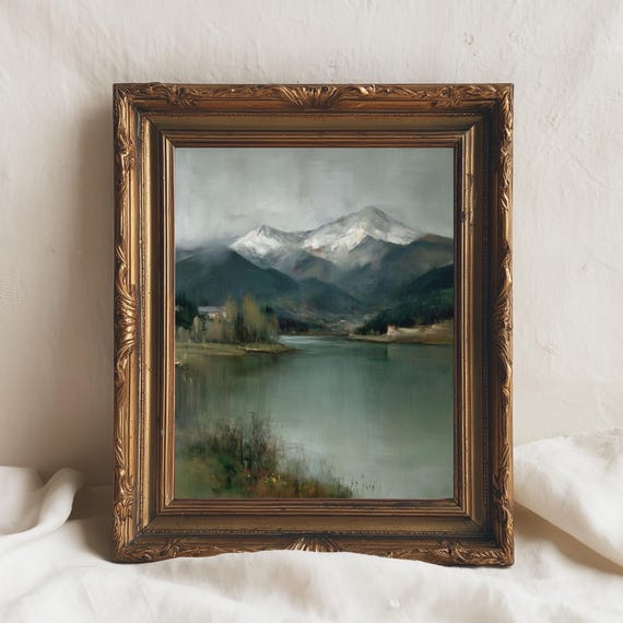 Snowy Mountain Lake Art Calm Nature Scene Tranquil Forest View