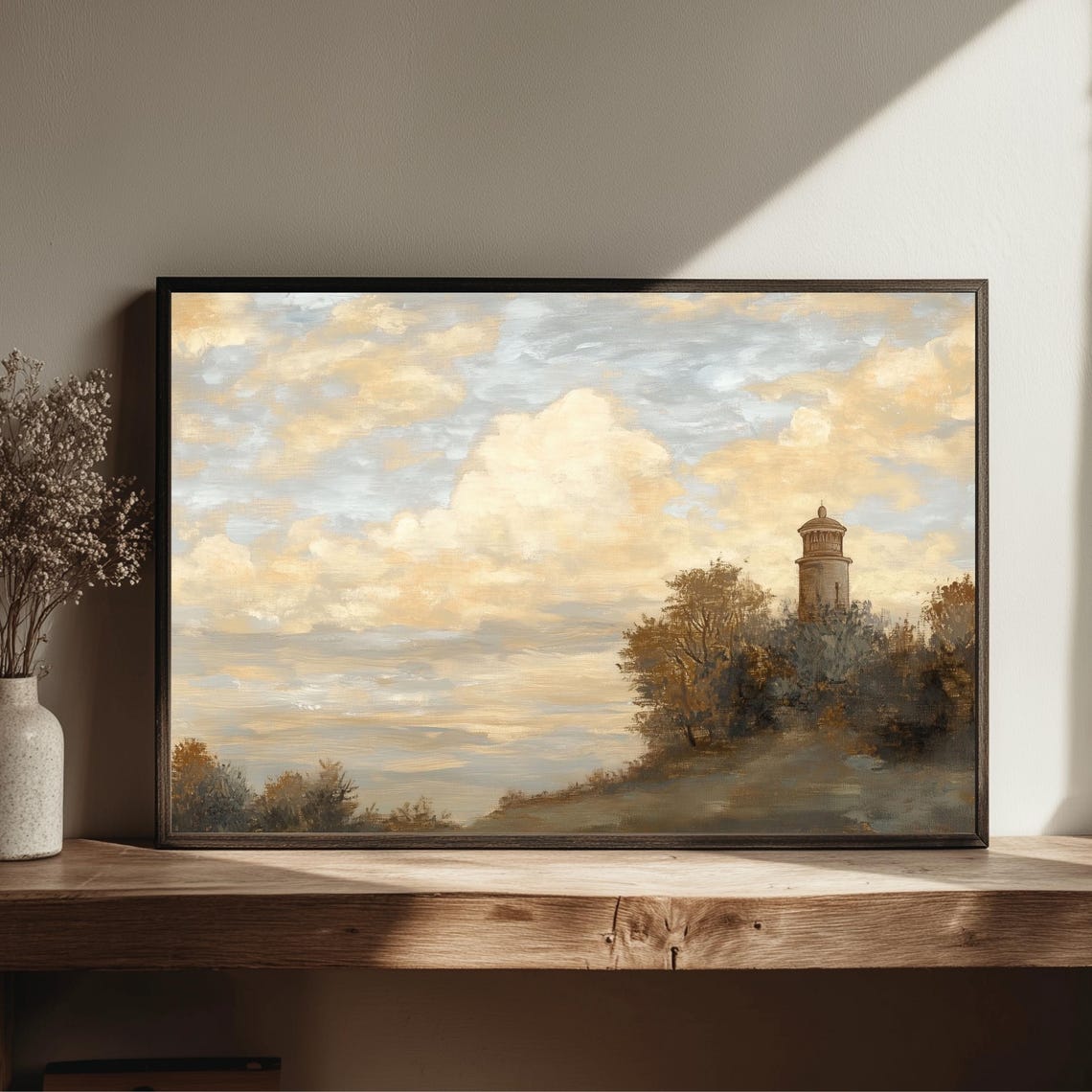 Lighthouse Hill Golden Clouds Trees Tranquil Coastal View Art Poster
