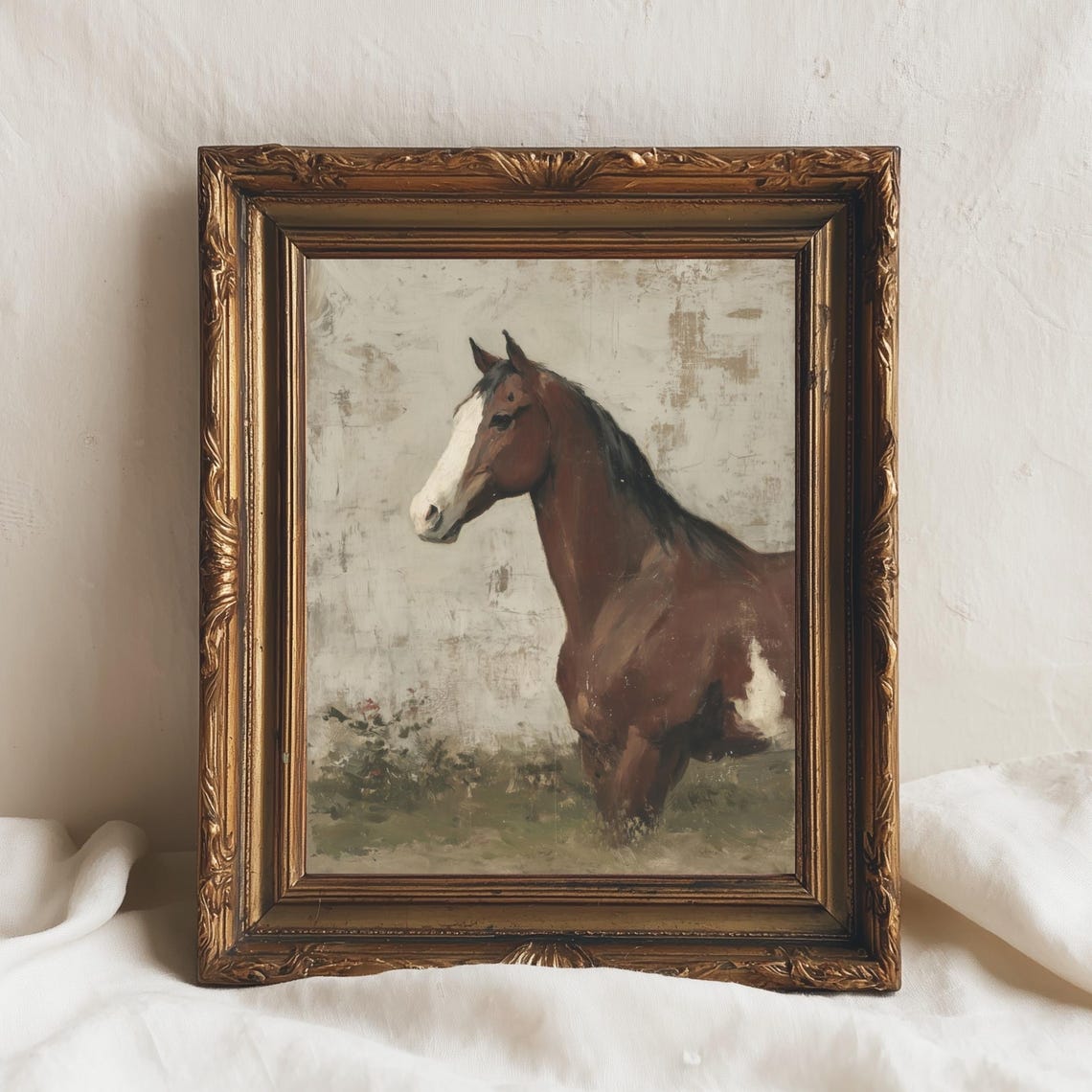 Majestic Brown Horse Vintage Oil Painting Rustic Equestrian Wall Art